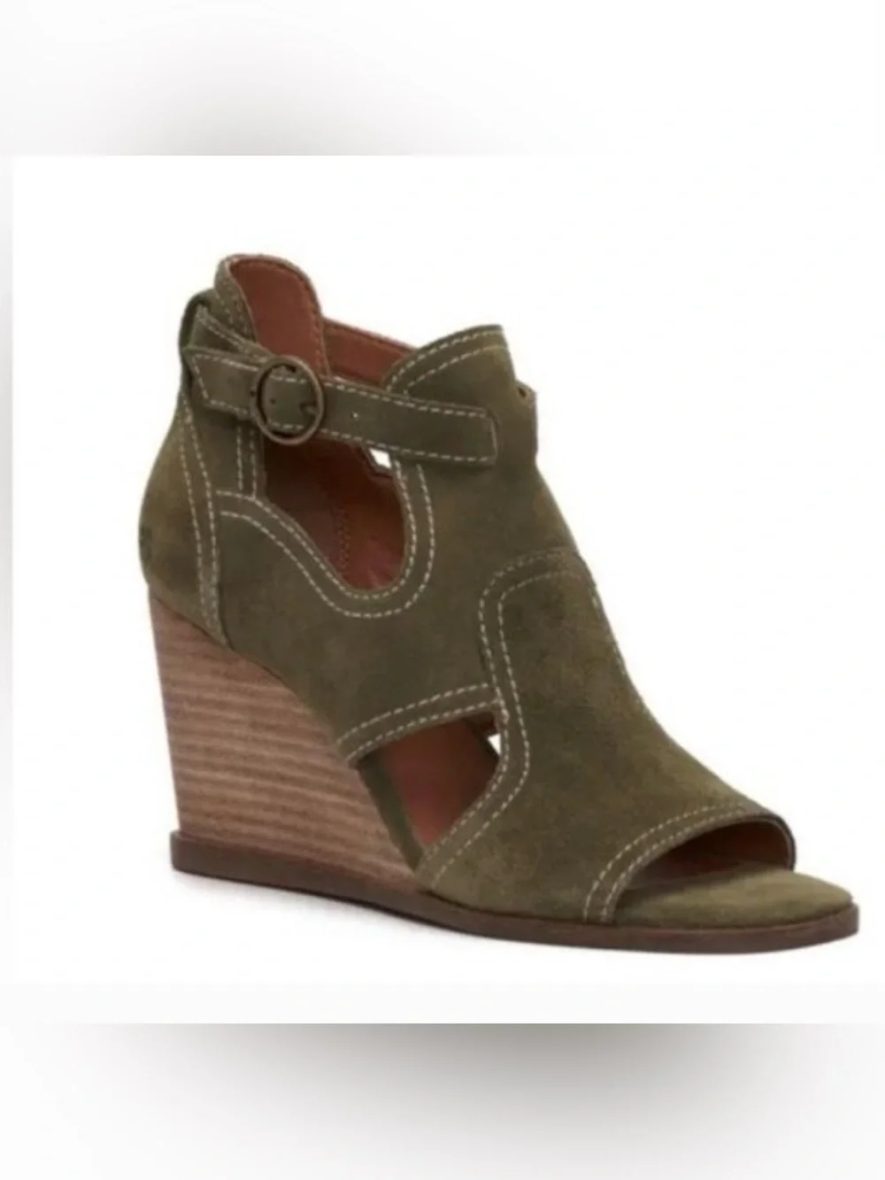 Lucky Brand Olive Green Suede Peep-Toe Wedge Sandals